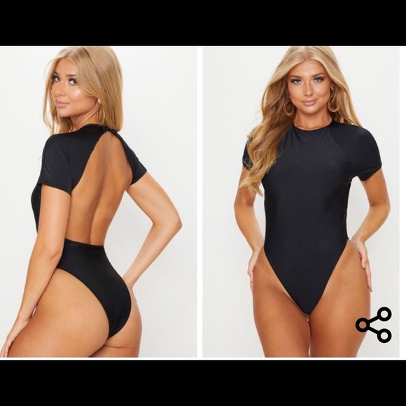 BLACK SHORT SLEEVE OPEN BACK SWIMSUIT - Picture 2 of 3